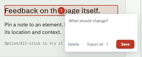 Pinflow’s feedback editor attached to text on this portfolio, with comment and export controls