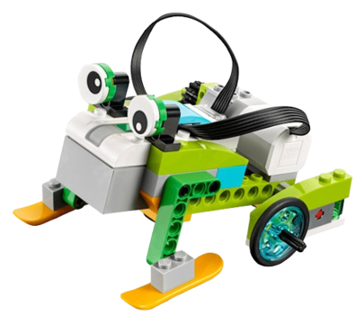 A LEGO WeDo robot with a motor, wheels, and a motion sensor
